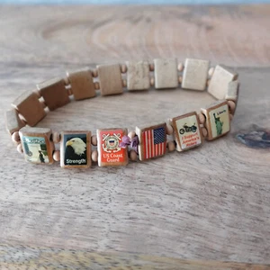 American Veteran Wood Tile Charm Bracelet Army Navy Marines Coast Guard - Picture 1 of 7