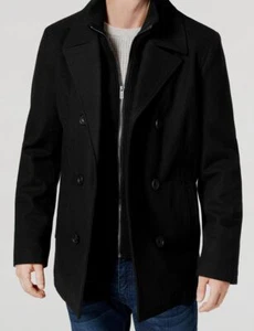 $250 Kenneth Cole Men's Black Wool-Blend Double Breasted Pea Coat Size M - Picture 1 of 3