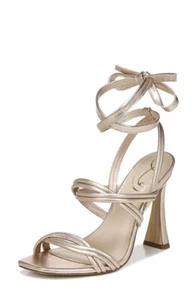 Sam Edelman Lonnie Champagne Metallic Spool Heel Square Toe Tie Up Heeled Sandal - Picture 1 of 1