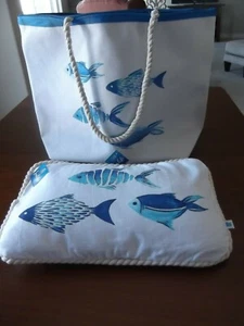 Large Beach tote bag, w/rope handles, matching pillow, tropical fish design, NWT - Picture 1 of 11