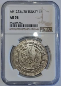 TURKEY OTTOMAN EMPIRE - AH1223/28  6 Kurush,Mahmud II - NGC AU58 !!! - Picture 1 of 2