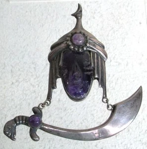 VINTAGE TAXCO MEXICO STERLINGSILBER & AMETHYST SALDIN WARRIOR BROSCHE - Bild 1 von 5