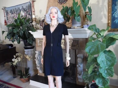 Akris Punto Black Twill Front Zipper Belted A-Line Dress w/Knit Sleeves Size 6 - Image 1 of 4