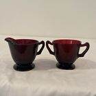 Vintage Anchor Hocking Royal Ruby Red Glass Footed Sugar and Creamer Set
