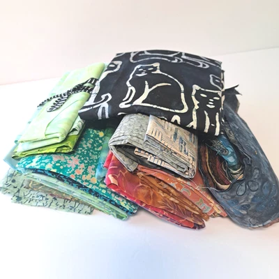 Gorgeous BATIK Quilt Shop Fabric 2LB Scrap LOT (8 yds) Strips to 1/2 yd pcs cats - Image 1 of 4