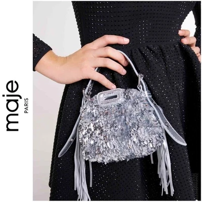 NWT MAJE STUNNING Argent Miss M Nano Mini Crossbody Clutch Bag Silver Sequins  - Image 1 of 4