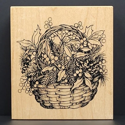 PSX Navidad Vacaciones Follaje Tejido Cesta Madera Montada Goma Sello K-1440 Foto 1 de 4