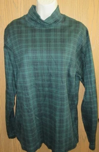 LANDS' END HUNTER GREEN plaid long sleeve cotton turtleneck shirt sz L NOST USA - Picture 1 of 5