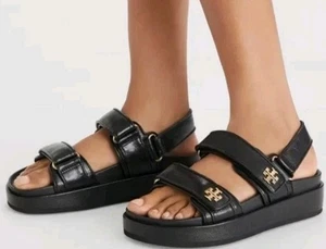 TORY BURCH KIRA SLINGBACK SPORT DONNA SANDALO PLATEAU PELLE NERO MISURA 8,5 - Foto 1 di 9