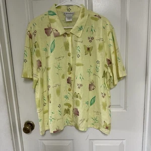 Dressbarn Womens Lg 100% Linen Floral Tea Motif ButtonUp Short Sleeve Shirt - Picture 1 of 8