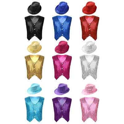 Kids Boys Girls Hip Hop Tops Dancewear Sequins Jazz Vest Street Dance With Hat - Image 1 of 4