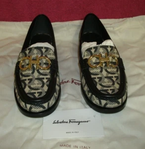 Salvatore Ferragamo 'Rolo' Gancini T-Logo Print Beige/Nero Fabric Nero Calf New - Picture 1 of 14