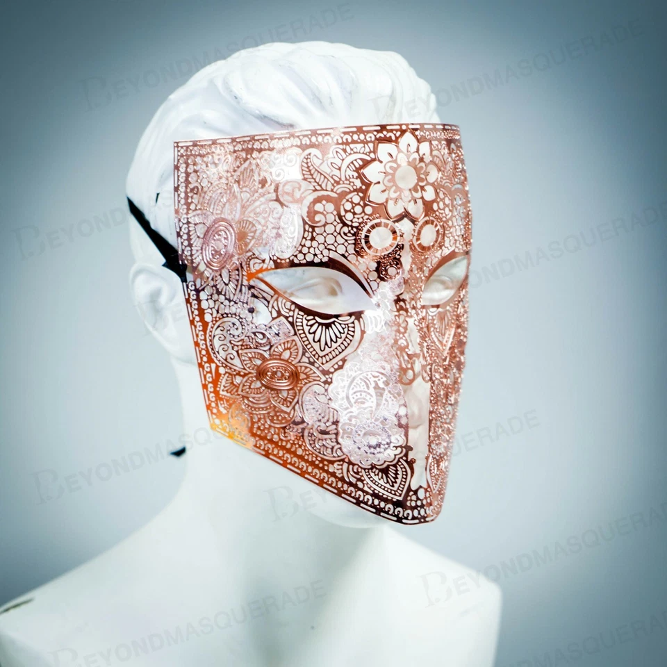 Mens Metal Bauta Venetian Laser-Cut Filigree Metal Masquerade Mask [Rose Gold] - Image 1 of 3