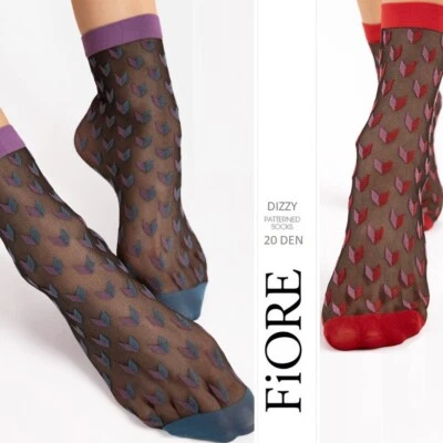 FIORE Dizzy fancy women's socks ankle sheer 20 den geometric black red blue - Image 1 of 3