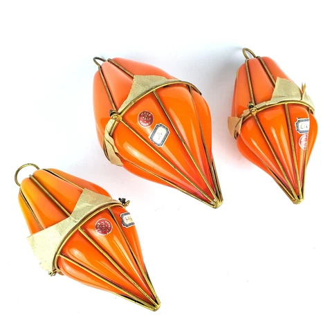 Vintage Murano Italy Caged & Blown Glass Hanging Pendants ~ Set of 3 Orange ~ GC Cover