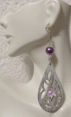 Pendientes colgantes florales flor púrpura lágrima 3,25" Foto 1 de 4