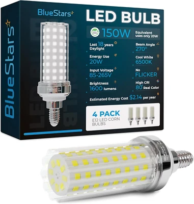 4 Packs E12 20W LED Corn Light Bulbs [4.5In], Candelabra Base 150W Equivalent 65 - Image 1 of 4