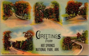 Greetings from HOT SPRINGS NATIONAL PARK Arkansas AR multi view linen Postcard - Bild 1 von 2