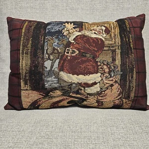 Vintage Santa Tapestry Throw Pillow Christmas Deer Snow Toys 14x9 Saint Nicholas - Picture 1 of 8