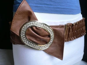 Women Mocha Brown Bow Silver Rhinestones Buckle Stretchy Wide Belt Size XS S M - Picture 1 of 5