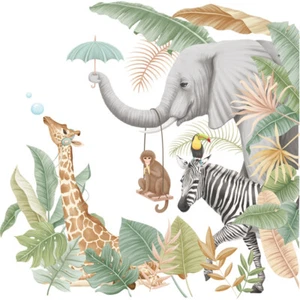 Safari Jungle Animal Removable Wall Decals Elephant Giraffe Zebra Monkey Trees - Picture 1 of 33