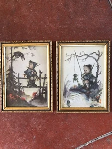 Vintage German Hummel Mini Prints Framed With Glass Art Pictures Set Of 2 - Picture 1 of 11
