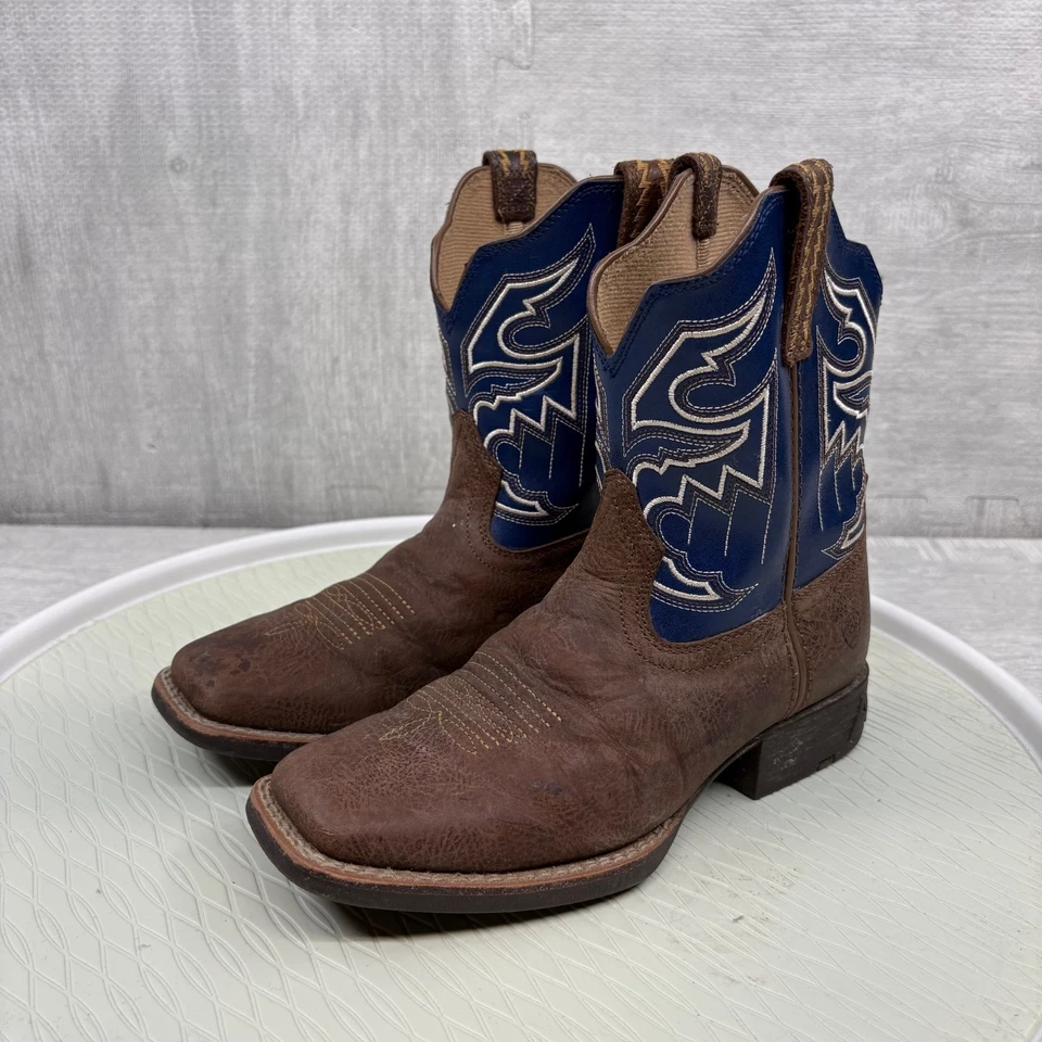 Ariat Botas Occidentales Pluma Clasificadora Niño Juvenil Talla 2 Azul Marrón Puntera Cuadrada Cuero Foto 1 de 4