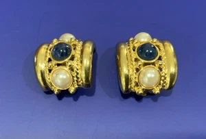 Vintage signierte JOAN RIVERS Saphir blaues Glas & Kunstperlen Clip-On Ohrringe - Bild 1 von 6