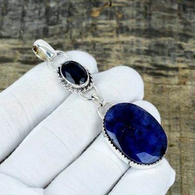 Zaffiro Blu Lab-Created Gemma Massiccio Ciondolo 925 Argento Sterling Gioielli - Immagine 1 di 4