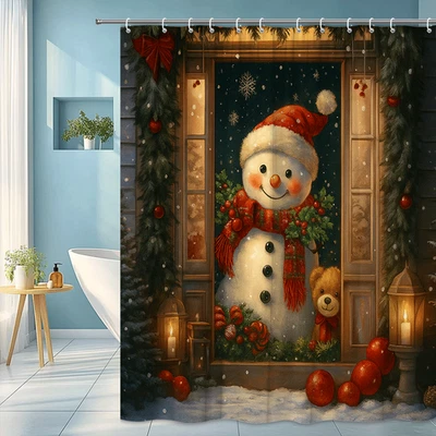 Smiling Snowman in Santa Hat with Teddy Bear Inside Cozy Christmas Decor - Image 1 of 4