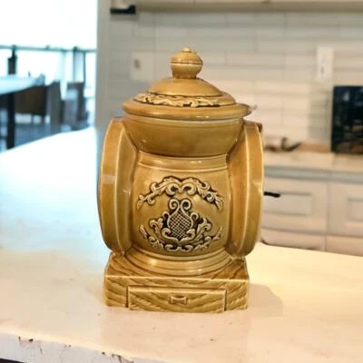 Molinillo de rueda de café vintage ámbar dorado tarro de galletas, tarro de galletas de cerámica Foto 1 de 4