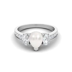 14k White Gold Pear Shape Natural Pearl Three Stone Women Wedding Ring