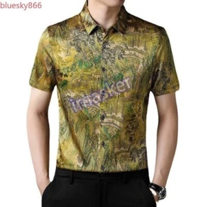 Camisas de Seda Real Hombres Verano Manga Corta Nuevo Cuello Estampado Morera Seda Prendas para el torso - Imagen 1 de 25