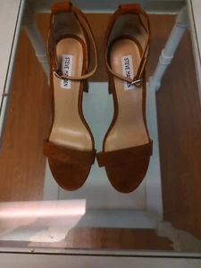 Steve Madden Carrson Chestnut Suede Strappy Stacked Block Open Toe Heels - 9.5M - Picture 1 of 8