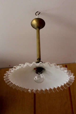 1930 French antique ceiling light in white glass opaline and Brass - complete Cover