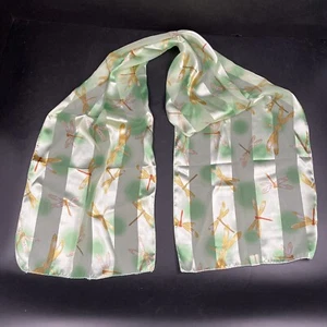 Womens Vintage Dragonfly Scarf Sheer Rectangle Green White Polyester Retro Sheen - Picture 1 of 10