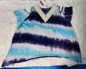 NWT Avenue Womens Top Size 22/24 Blues Tie Dye Cool Slinky Cold Shoulder - Picture 1 of 9