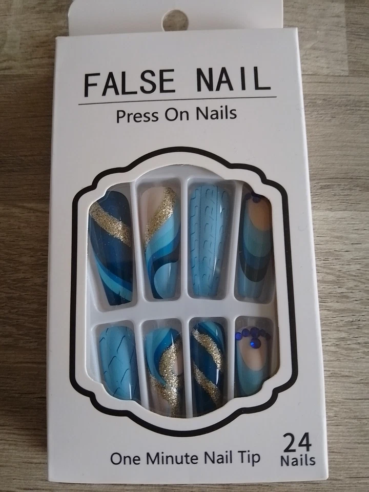 False Nails Dark & Light Blue Diamante Glitter Swirls Mis Match Coffin Stiletto - Image 1 of 1
