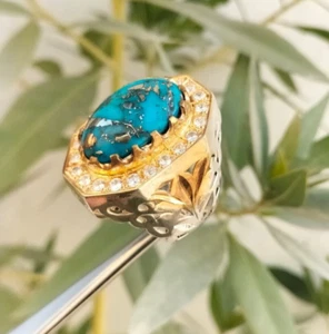 Natural Turquoise Stone Ring Real Shajari Feroza Unique Pattern Handmade Ring - Picture 1 of 8