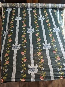 Mario Buatta Fabriyaz Fabric Floral 80s Polished Cotton 14 Yds Green Bow Stripes - Picture 1 of 7