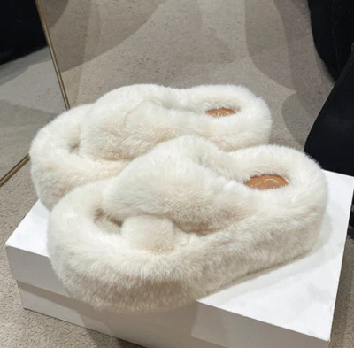 7cm Thick-sole Furry Slippers Shoes Women Faux Fur Homeshoes Platform Slides - Image 1 of 4