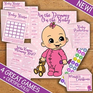 Baby Shower Games - 4 Games + Certificates Multipack - Pink / Girl - 20 Player - Picture 1 of 6