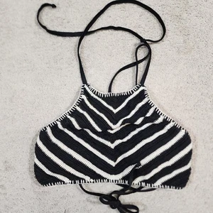 Xhilaration Crochet Style Knit Black White High Neck Halter Bikni Top Medium - Picture 1 of 4