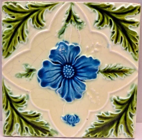 Antique English Tile Majolica Flower Motif Design Ceramic Architecture Rare "143 Cover