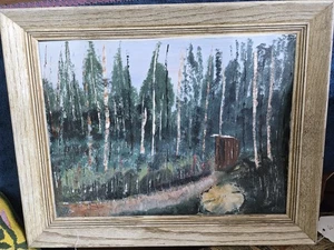Olio su tela americano 'Outhouse in the Woods' primitivo XX secolo - Foto 1 di 8