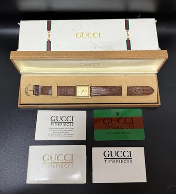 复古古驰 287 瑞士制造镀金手表牌 G10M 方形表壳蜥蜴表带 — 第 1/4 张图片