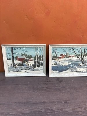 Lote 2 Pintura Vintage Años 50 1960 Por Número Paisaje Invierno País Nieve mcm Foto 1 de 4