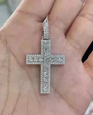 2Ct Round Real Moissanite Mens Cross Religious Pendant 14k Gold Plated 18" Chain - Image 1 of 4