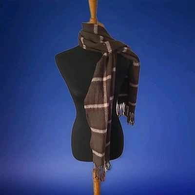 100% Pure Merino Wool Scarf  In Brown And White Plaid - Image 1 of 3