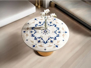 24" Weiß Marmor Intarsien Runder Tisch Lapislazuli Stein Kunst Möbel Wohndeko - Bild 1 von 9